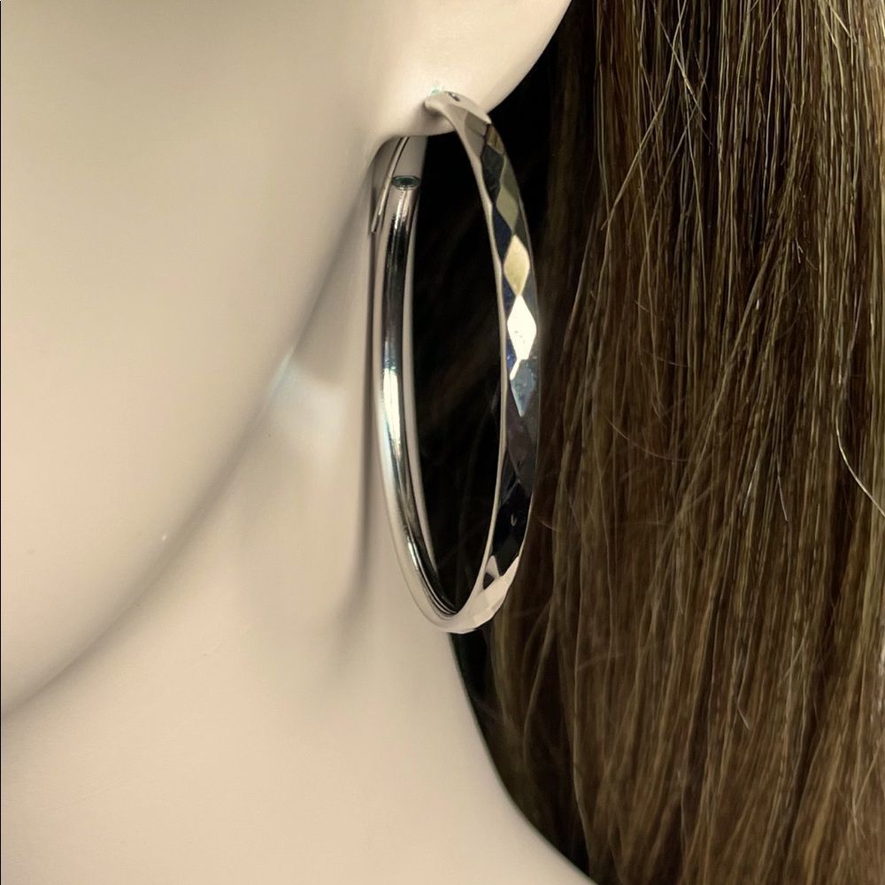 NEW Large 925 Sterling Diamond Cut Hoop Earrings - Picture 4 of 5